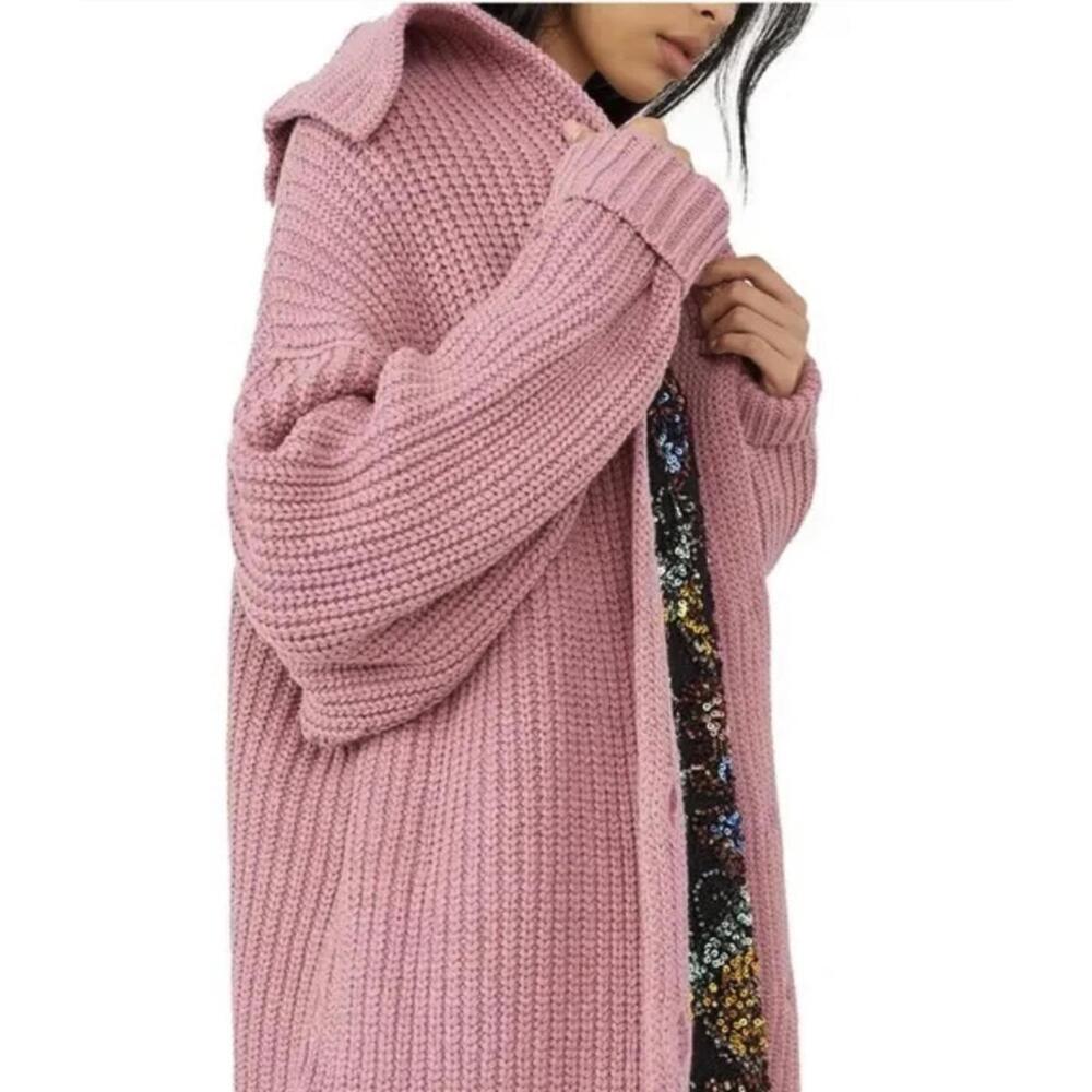 Free People Chunky Pink Heavy Knit Swim Too Deep Cardigan - Size - Small - Picture 2 of 8